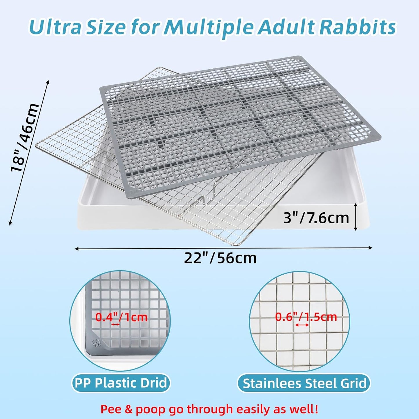 FHTONGE Extra Large Rabbit Litter Box with Large Steel Grid Holes, Bunny Potty Trainer Tray for Cage, Rectangular Rabbit Litter Pan Pet Toilet for Rabbit Guinea Pig Rat Chinchilla Hedgehog Hamster