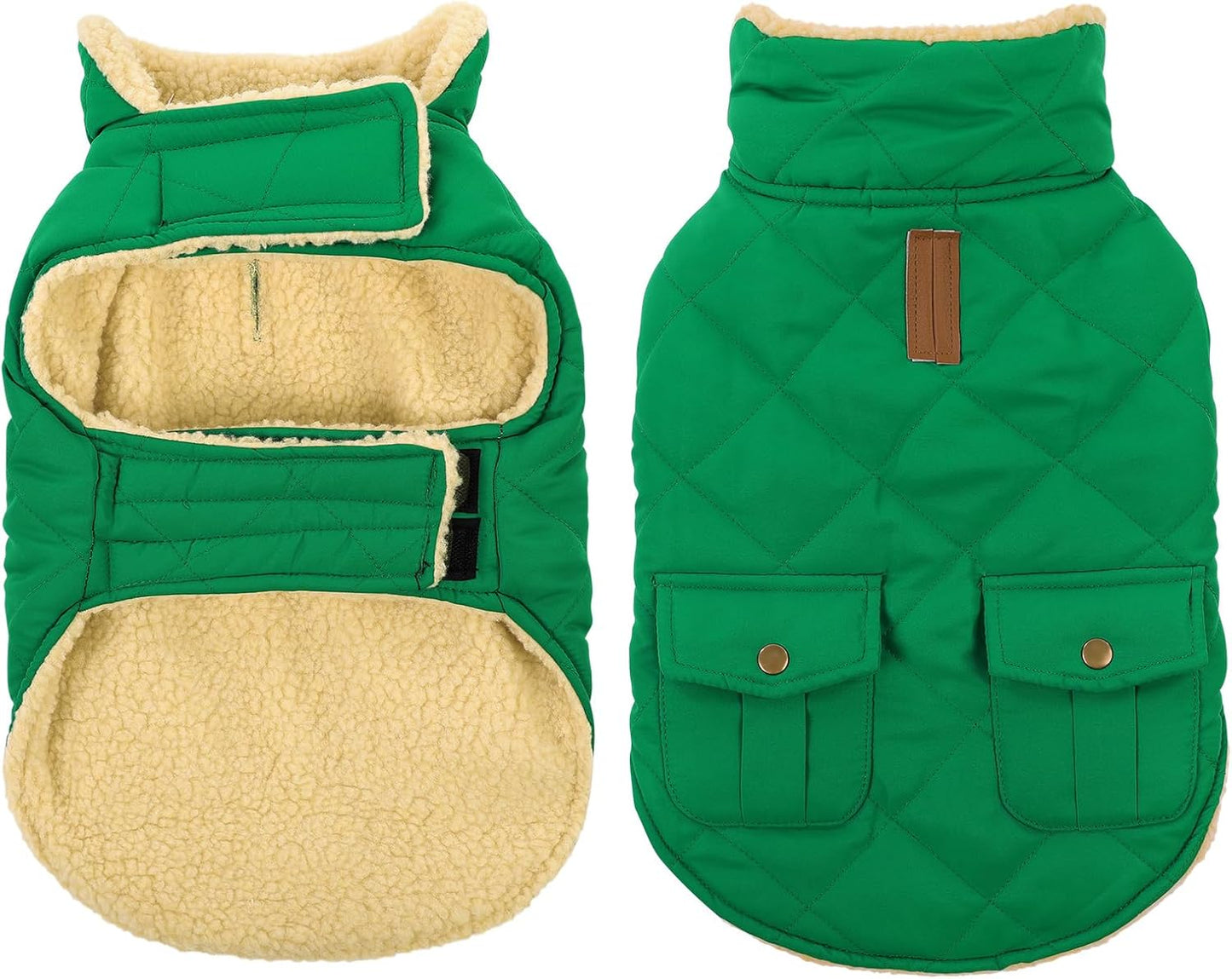 Queenmore Warm Dog Coat, Cold Weather Puffer Dog Coat Vest, Quilting Winter Pet Jacket Ultra Thick Plush Fleece Lining Pet Clothes for Dogs with Storage Pockets (Forest Green,X-Large)