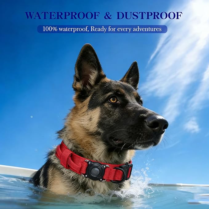 AirTag Dog Collar for Large Dogs Tactical Dog Collar with AirTag Holder | Upgrade Waterproof,Control Handle,Quick-Release Metal Buckle,1000D Nylon Fabric,Soft-Padded Webbing,Velcro Patch(RED,XXL)