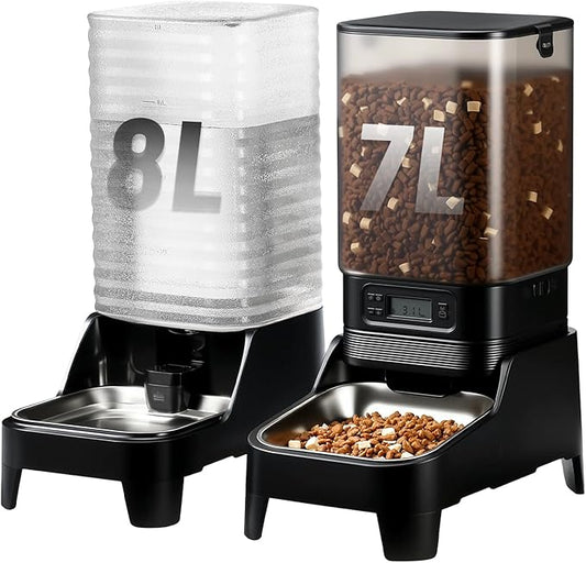 Marchul 7L Automatic Cat Feeder and 8L Automatic Gravity Pet Water Dispenser with Patented Faucet, Stainless Steel Bowl, Adjustable Elevated Base, Battery Operated, Timed Feeder