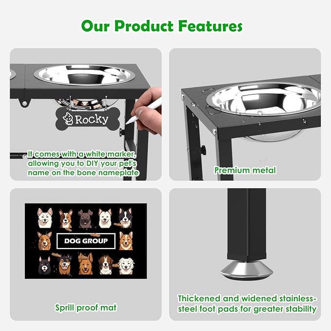 SHAINFUN Elevated Dog Bowls with Mat for Large & XLarge Dogs, Adjustable Height Raised Dog Bowl Stand with Two 68oz Bowls, Dogs Food Water Bowl Holder
