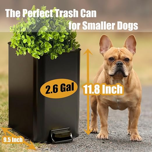Yatmung Small Outdoor Trash Can for Dog Poop - Dog Waste Trash Can with Lid | Dog Poop Trash Can Outside with Pedal - Metal Trash Can with Plant Lid - 2.6 Gal Stainless Steel Garbage Bin - Black