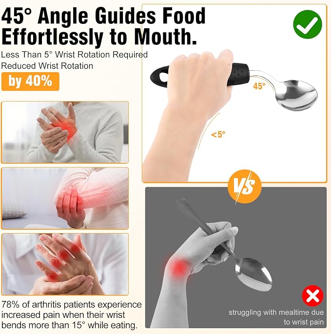 45°Angled Adaptive Utensils for Elderly, 2.9 oz Weighted Silverware for Hand Tremors, 4 Pack Built Up Utensils for Adults,Weak Hand Grip & Arthritis (Left-Handed)