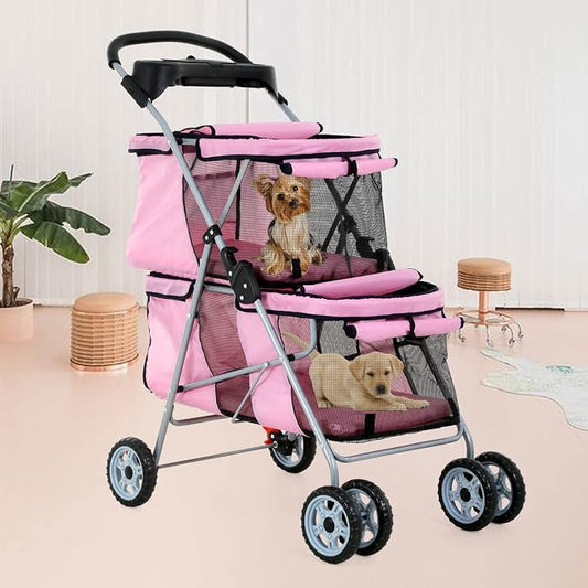 Dog Stroller 4 Wheels Cat Stroller Double Layer Pet Strollers Pet Carriers Jogger Strollers for Medium Dogs Cats Travel Camping Strolling Cart with Cup Holder Removable Liner, Pink