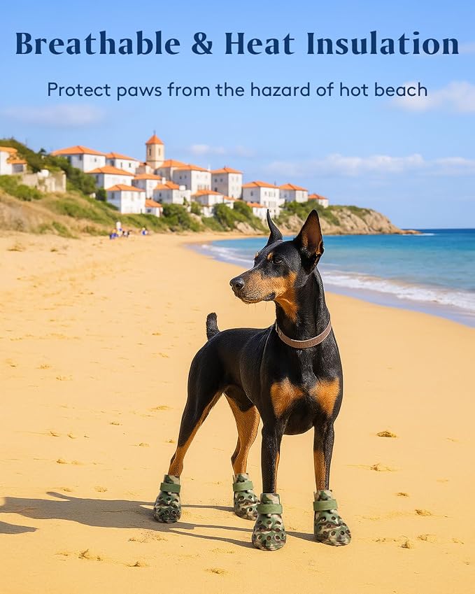 Dog Shoes for Hot Pavement, Breathable Dog Boots Paw Protectors with Adjustable Straps & Non-Slip Sole, Easy On & Off, Waterproof, Easy-Cleaning (Camouflage, L)