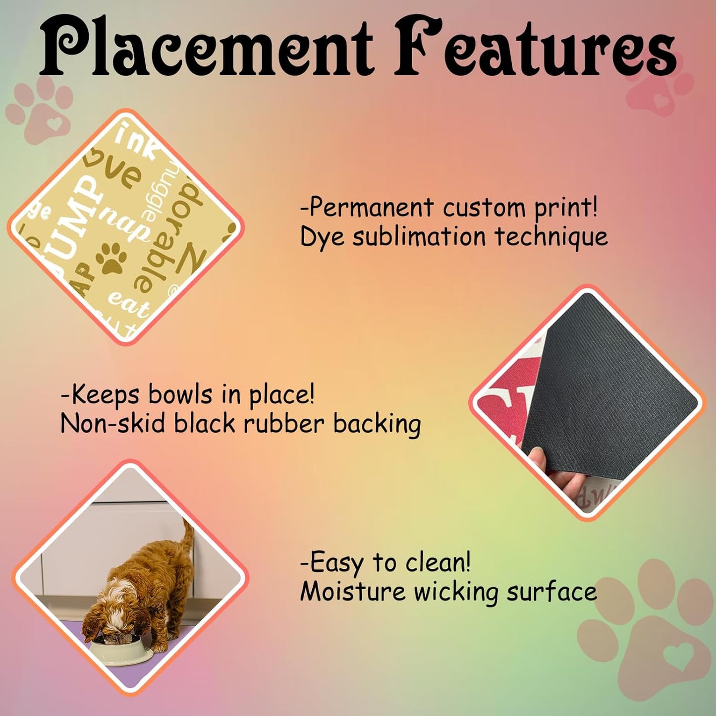 Personalized Dog Cat Feeding Mat Custom Pet Food Mat Waterproof Non-Slip Customized Puppy Name Photo Placemat Dish Rug Floor Protector Gifts for Pets Lover Pattern 3