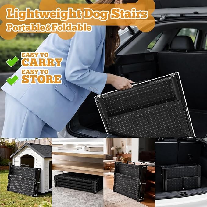 Dog Stairs for Car, Foldable 5-Step Pet Stairs for Senior & Small Dogs | Non-Slip Surface, Lightweight Dog Steps for SUV, Truck, Bed, Supports 200 lbs