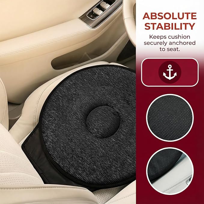 360 Degree Swivel Car Seat Cushion, Round Rotating Non Slip Vehicle Chair Pad for Elderly Support, Portable Removable Automotive Interior Seat Assist Pad, Universal for Sedan RV Truck (Black)