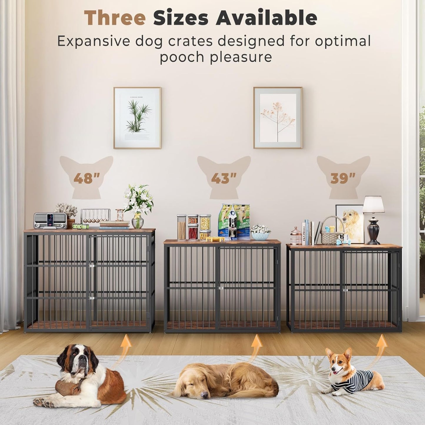 43'' Dog Crate Furniture with 3 Doors, XL Wooden Crate End Table Heavy Duty Indoor Puppy Cage for Medium to Large Dogs, Multiple Units Can be Combined