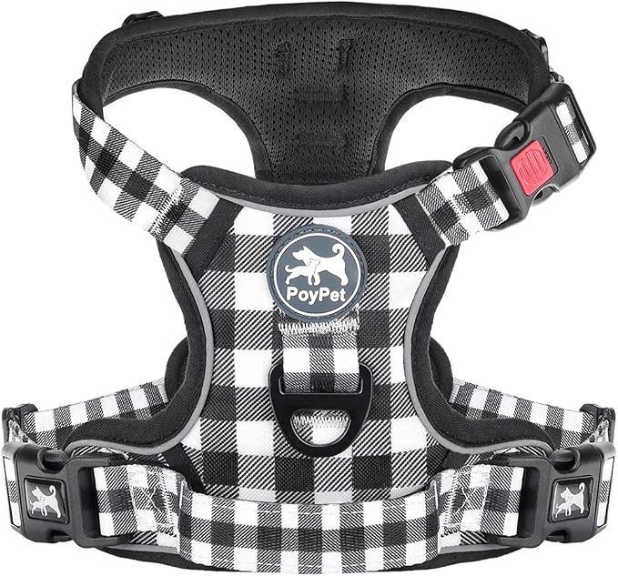 PoyPet Plaid Dog Harness Large, No Pull Vest with Front Clip & Neck Buckle | Padded Handle, Reflective, No Choke, Lockable, 2 Leash Rings, Full Adjustable, for Training Walking, L, Grid