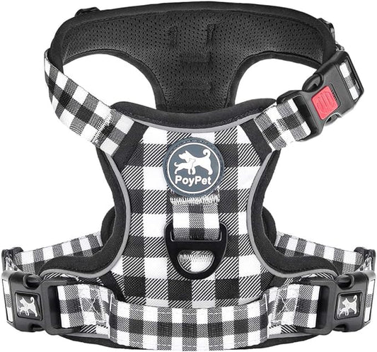 PoyPet Plaid Dog Harness Small, No Pull Vest with Front Clip & Neck Buckle | Padded Handle, Reflective, No Choke, Lockable, 2 Leash Rings, Full Adjustable, for Training Walking, S, Grid