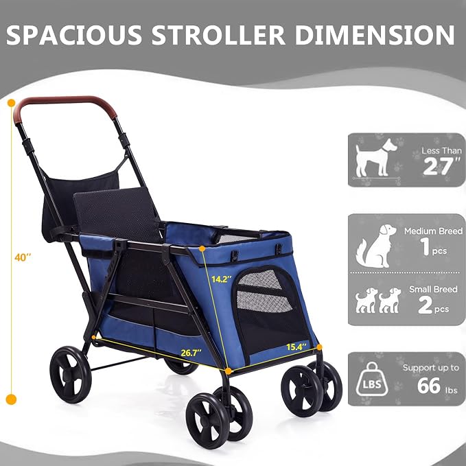 Dog Stroller for Large & Medium Dogs, Foldable Pet Stroller for 2 Small Dogs Up to 66lbs, with All-Terrain Wheels, Breathable Mesh Ventilation & Storage Pocket (Blue)