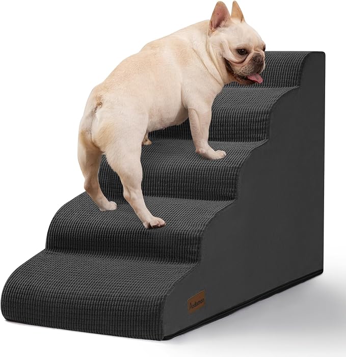Aodisman Dog Stairs for High Bed,5-Step Pet Ramp for Small Dogs and Cats | 22.2" H Dog Steps for Bed with High-Density Foam, Help Olders,Short-Legged Dogs,Puppy and Cats Get on Beds Easily,Grey,Black