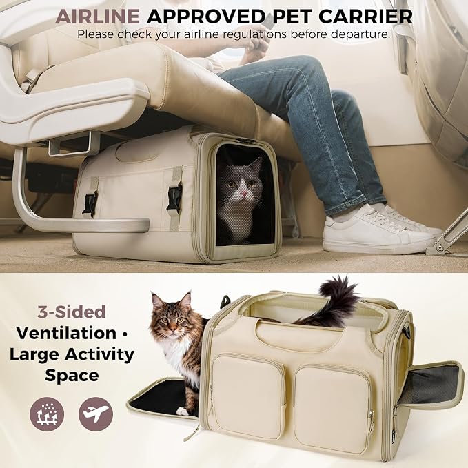 Dog, Cat Carrier for Pets Up to 12 Lbs, Airline Approved Collapsible Soft-Sided Pet Travel Bag with Locking Zippers, Breathable Mesh and 4 Large Pockets, Removable Fleece Pad (Beige)