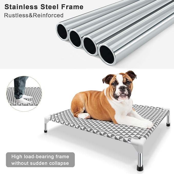 Kuntrust Elevated Outdoor Dog Bed, Medium Size, Cotton Material, Non-Slip Feet, Fits up to 70lbs | Breathable Fabric, Dual-Layer Cotton, Stainless Steel Frame, Anti-Slip Feet