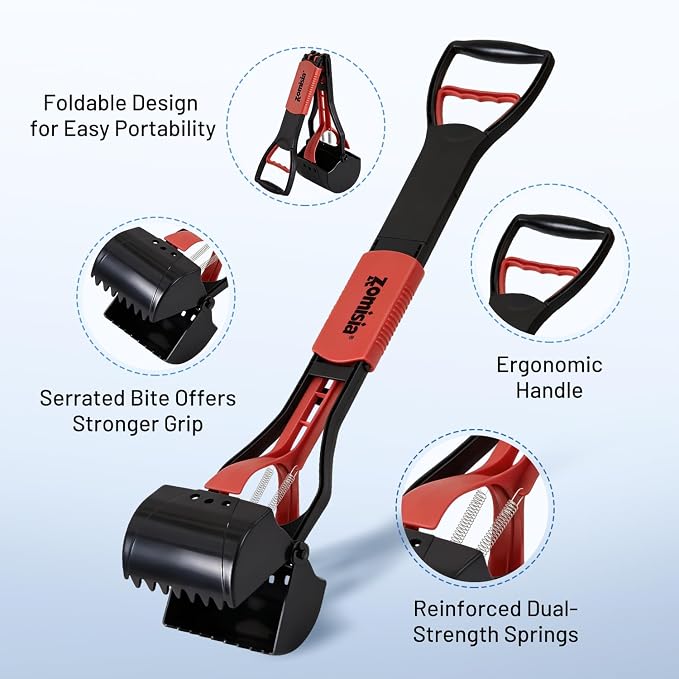 ZOMISIA 32" Pooper Scooper with Waste Bags - Poop Scooper for Large Dogs with Long Handle High Strength Material and Durable Spring for Yard, 30 Count Poop Bags
