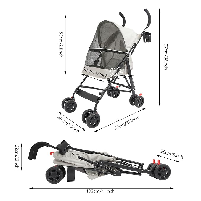 Pet Stroller for Small Medium Dogs Cats up to 22 lbs, Lightweight Foldable Dog Stroller with 360° Wheels & Brakes, Safety Tether, Breathable Mesh, Removable Washable Cushion