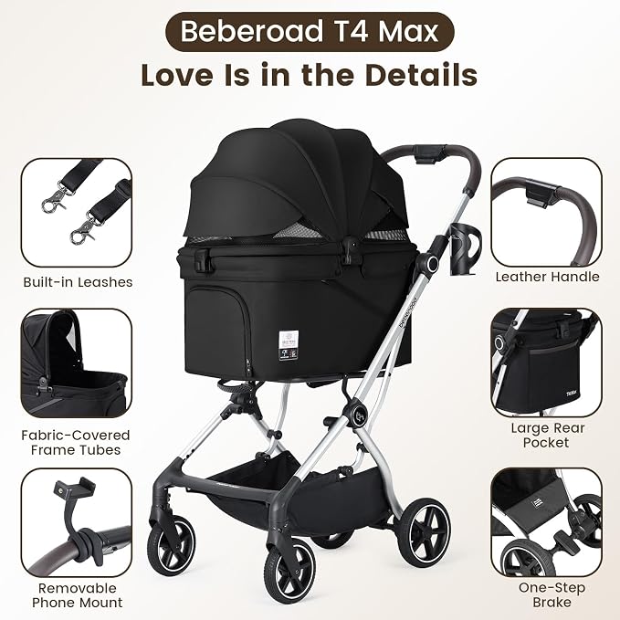 T4 Max Pet Stroller Dog Cat Stroller for Small Medium Dogs Cats, 4 Wheels Travel Folding Carrier Waterproof Puppy Stroller with Pad, Canopy and Cup Holder (T4 Max Black)
