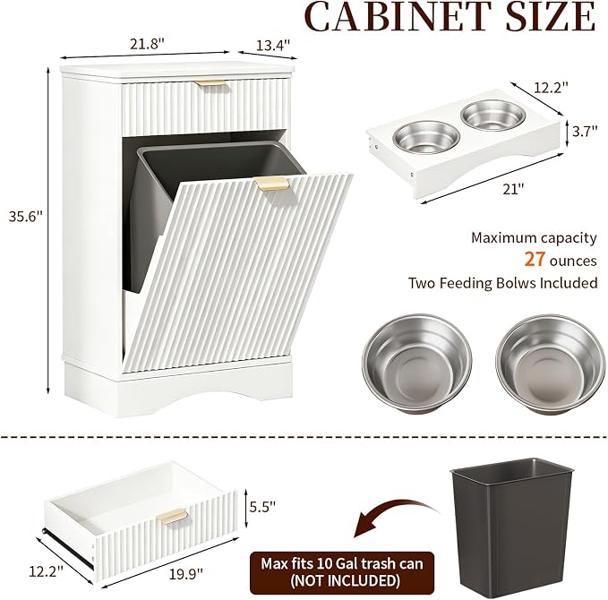 Tilt Out Trash Can Cabinet with Dog Bowl, 10 Gallons Dog Feeding Station with Storage Cabinet, Pet Feeder Cabinet with Hideaway Drawer for Kitchen, Living Room (Tilt-Out Dog Feeding Station-White)