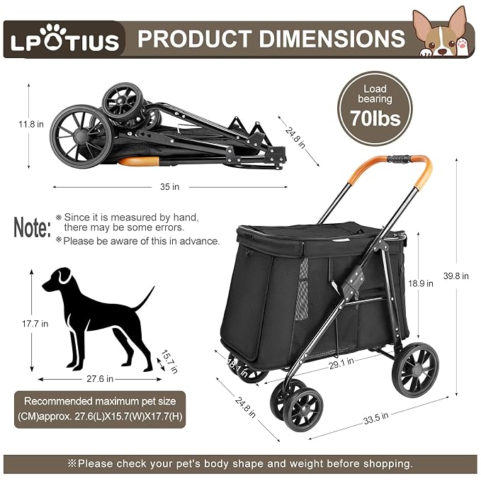 Pet Stroller for Large & Medium Dogs up to 70 lbs, 4-Wheel Extra Large Dog Stroller with 3-Way Entry & Sunshade, Heavy Duty Puppy Wagon with One-Click Folding, All-Terrain & Ventilated, Black