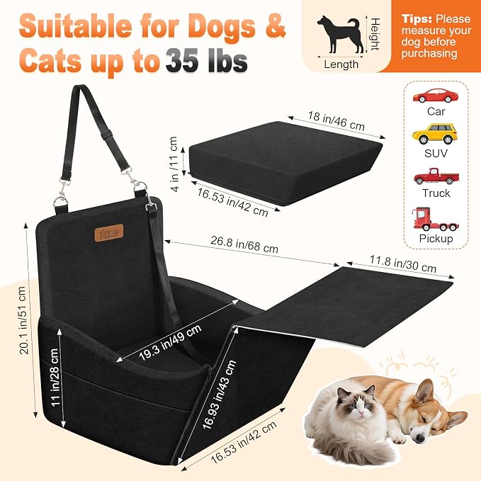 Elevated Dog Car Seat for Small and Medium Dogs Up to 35 lb | 4" High-Density Foam Dog Car Bed, 2 Storage Pockets,3 Safety Belts,Fully Removable and Washable for Easy Care,Black