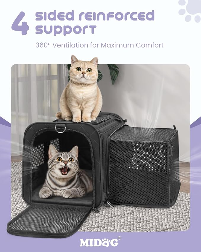 MIDOG Cat Carrier Soft for Small-Medium Cats Up to 25lbs, Airline Approved | Expandable Square Design,Comfort & Breathable Window,Equipped with anti-slip lock zippers and an internal safety leash