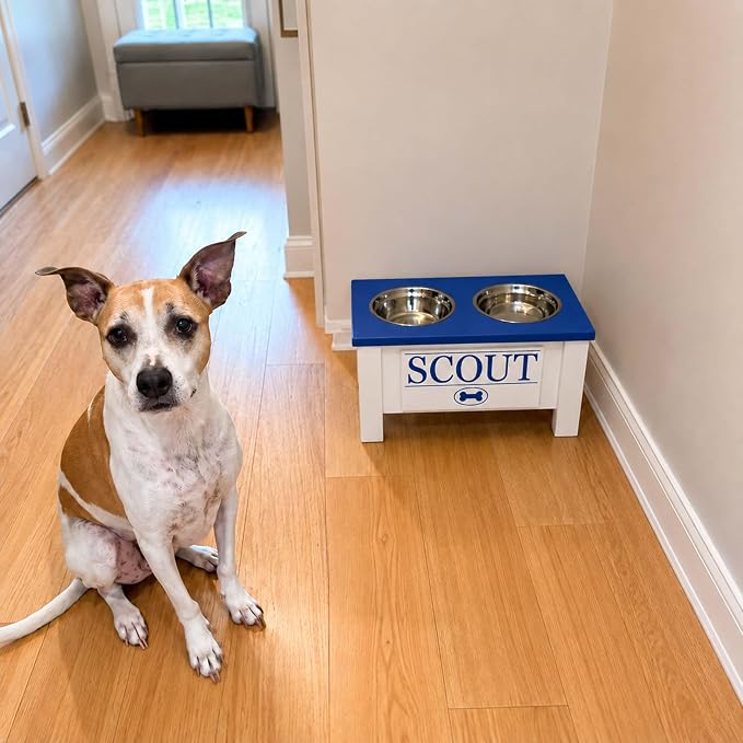 Elevated Dog Bowls, Personalized Raised Dog Bowl Stand for Medium Dogs | Farmhouse Style, Elevated Wood Stand, Storage Container, Stainless Steel Bowls, Raised Anti-Slip Feeder, Made in USA