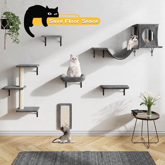 Cat Wall Shelves, 6-in-1 Cat Wall Furniture Set for Large Cats, Cat Climbing Wall Systems with Perch Bed, Condo, Bridge Ladder, Steps, Scratching Post, Dark Gray