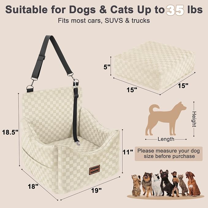 JOEJOY Elevated Dog Car Seat for Small/Medium Dogs up to 35 lbs, Memory Foam Booster Seat with Detachable Washable Cover, Travel-Safe Car Bed with Safety Belts & Storage Pockets, Beige