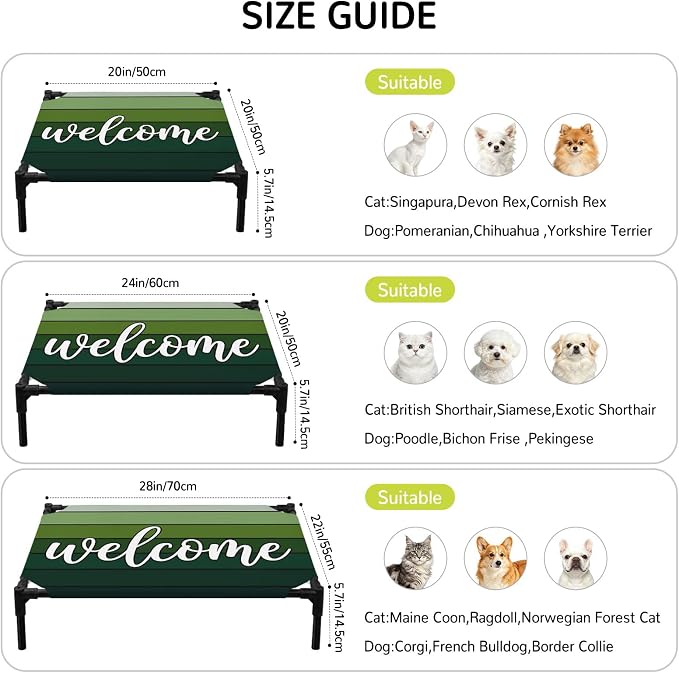 Outdoor Elevated Dog Bed for Large Dogs, Green Wooden Grain Breathable Cooling Raised Dog Cot for Indoor/Outdoor, Ombre Farmhouse Country Wood Plank Waterproof Elevated Pet Beds, L 28 x 22 in