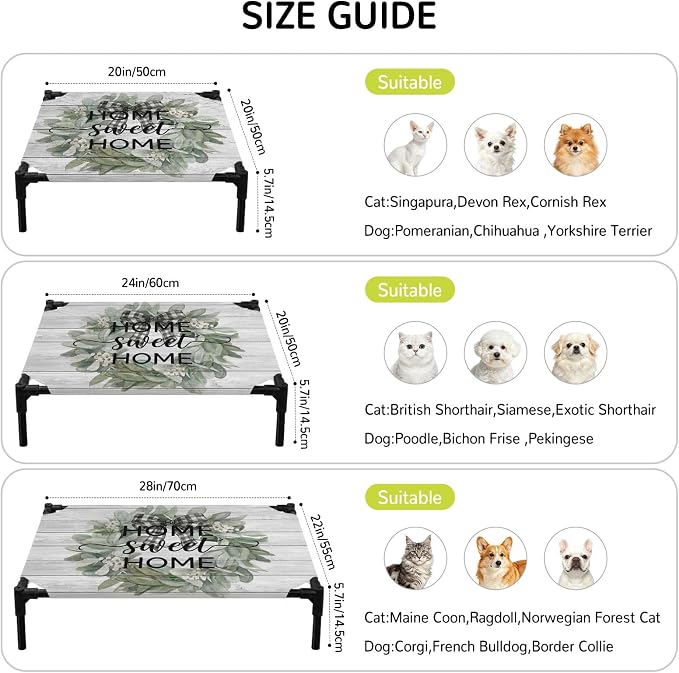 Outdoor Elevated Dog Bed for Medium Dogs, Farmhouse Leaves Breathable Cooling Raised Dog Cot for Indoor/Outdoor, Florals Country Vintage Gray Wood Waterproof Elevated Pet Beds, M 24 x 20 in