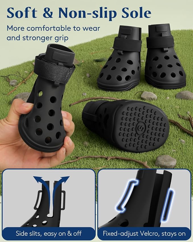Dog Shoes for Hot Pavement, Breathable Dog Boots Paw Protectors with Adjustable Straps & Non-Slip Sole, Easy On & Off, Waterproof, Easy-Cleaning (Black, S)