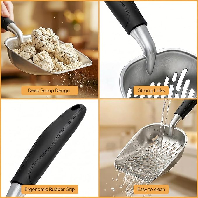 Cat Litter Scoop, Large Long Handle Kitty Metal Scooper | Heavy Duty Aluminum Deep Sifter, Ergonomic Non-Slip Grip, Rustproof Durable Poop Cleaner for Cat Litter Box