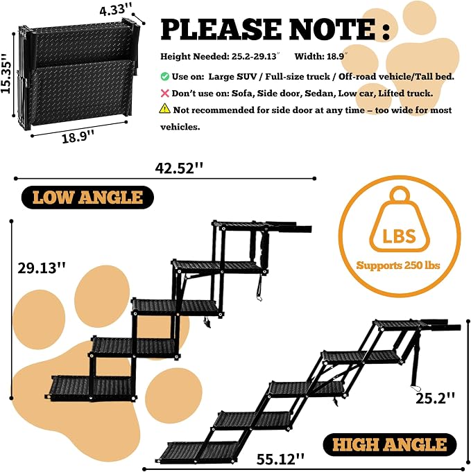 Extra Wide Dog Stairs for Car, 5-Step Pet Stairs for Senior & Large Dogs | Non-Slip Surface, Foldable Lightweight Dog Steps for SUV, Truck, Supports 250 lbs