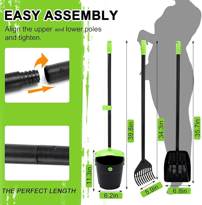 Pooper Scooper Swivel Bin & Rake & Spade Kit with Waste Bags, Max 50" Long Handle Adjustable Portable Non-Breakable for Large Medium Small Dogs, Dry and Wet Poop，Lawn Yard Dog Kennel