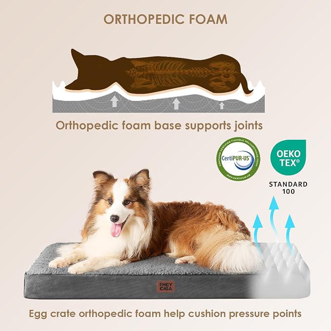 EHEYCIGA Orthopedic Dog Bed Large with Removable Washable Cover, 44IN Grey | Egg Crate Foam Support, Durable Oxford fabric, Non-Slip Bottom, Machine Washable, Soft Waterproof Plush Pet Bed Mat For Crate