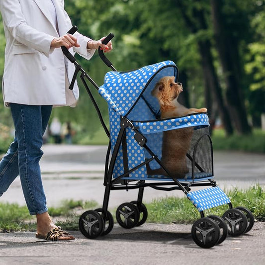 Dog Stroller for Small Dogs 10 lbs -22lbs Puppy Stroller Medium Dog Wagon Small Pet Stroller for Cats, Cat Strollers for 2 Cats, Rear Storage, Blue Polka Dots
