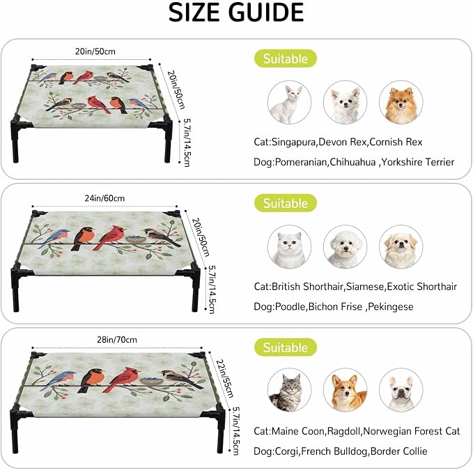 Outdoor Elevated Dog Bed for Large Dogs, Rustic Cardinal Bird Breathable Cooling Raised Dog Cot for Indoor/Outdoor, Green Leaves Branches Country Berries Waterproof Elevated Pet Beds, L 28 x 22 in