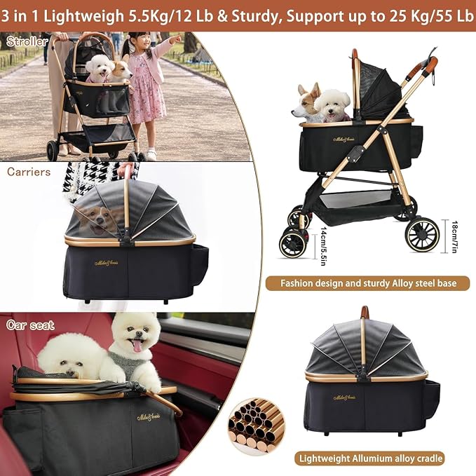 MILA&LOUIS Dog Stroller, 24" Pet Cradle, Lightweight & Stylish Pet Stroller for Small and Medium Pets, 33 Lbs Capacity with Cup Holder, Hook, Detachable Aluminum Cradle (Black)