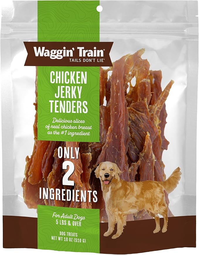 Waggin' Train Chicken Jerky Dog Treats, Made with 100% Real Chicken Breasts, Only Two All-Natural Ingredients, Great High Protein Dog Treat, Easily Digestible for Big or Small Dogs, 18 oz. Pouch