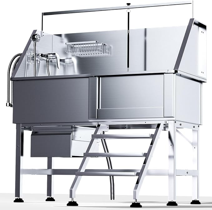 46" Dog Wash Station, 304 Stainless Steel, Side Stair, 440 lb | Storage Drawer, pet grooming tub, hot cold faucet, fixed sprayer, shampoo dispenser, S-trap, hair filter, garage outdoor use