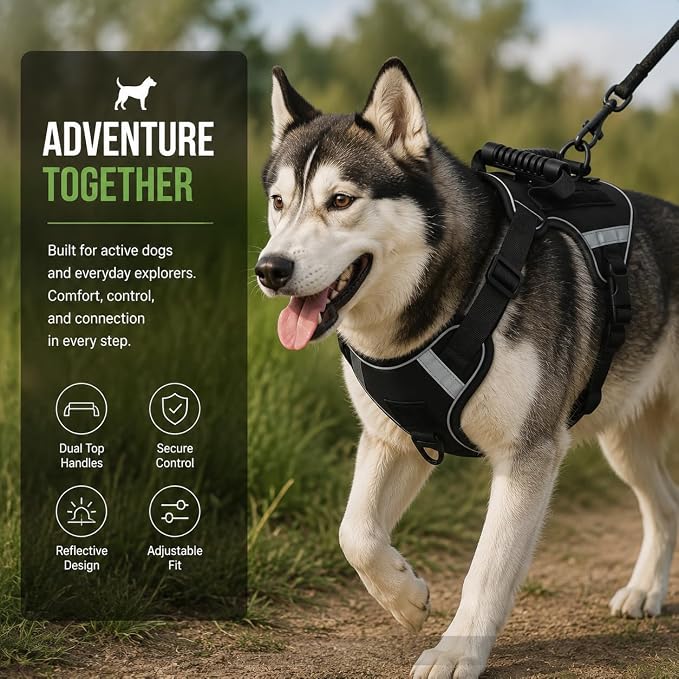 No Pull Tactical Dog Harness with Handles and Loop Panel,Tactical Dog Vest with Molle System, Adjustable Reflective Pet Vest for Walking Hiking Training Black M