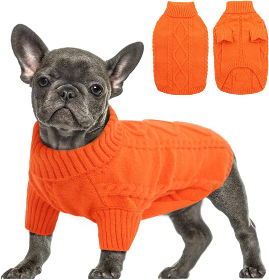 Queenmore Small Dog Pullover Sweater, Cold Weather Cable Knitwear, Classic Turtleneck Thick Warm Clothes for Chihuahua, Bulldog, Dachshund, Pug (Orange, X-Small)