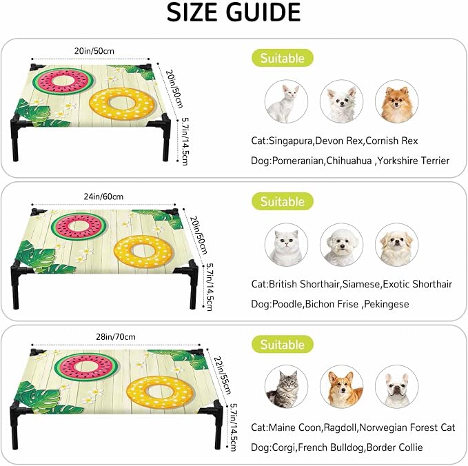Outdoor Elevated Dog Bed for Small Dogs, Summer Swimming Rings Breathable Cooling Raised Dog Cot for Indoor/Outdoor, Floral Plumeria Yellow Wooden Waterproof Elevated Pet Beds, S 20 x 20 in