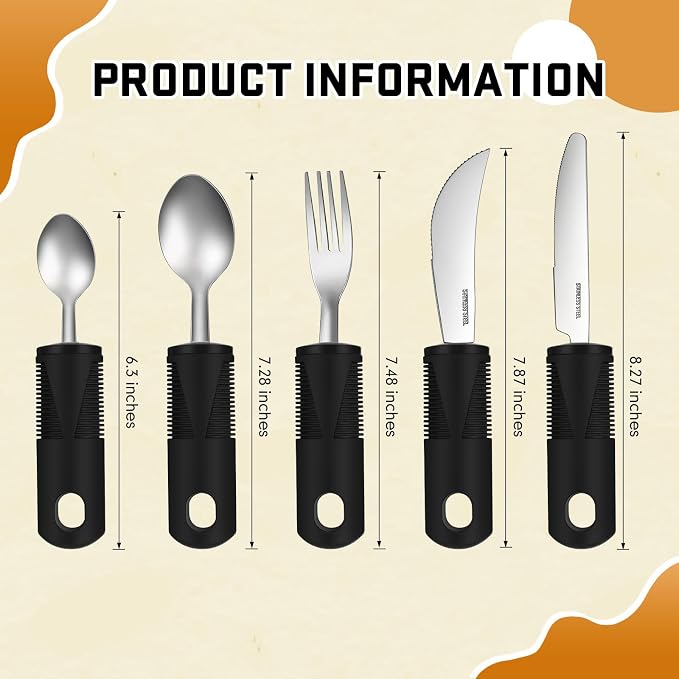 Uiifan 2 Set (10 Pcs) Adaptive Utensils for Hand Tremors, Elderly, Arthritis, Parkinsons Stainless Steel Easy Grip Handles Non Weighted Built up Utensils for Adults Hands Tremors Elderly, Black