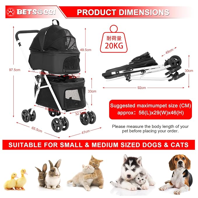 Double Dog Stroller with 2 Detachable Carrier, Portable Pet Stroller for Small Dogs & Cats Folding Lightweight Puppy Travel Carriage, 4 Wheels, Black