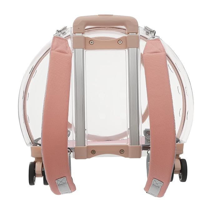 Pet Carrier with Wheels, Transparent Hard Breathable Pet Carrier with Ventilation Holes Telescopic Handle Multiple Carrying Strollers for Cats Dogs (Pink)