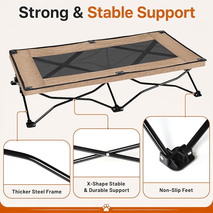 Foldable Elevated Dog Bed for Large Dogs, No-Assembly Raised Dog Cot, Portable Outdoor Cooling Bed with Breathable Teslin Mesh, Anti-Slip Feet, Sturdy Frame Supports 150 lbs, Indoor, Camping