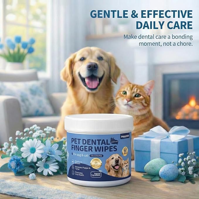 Dog Dental Care Wipes - 60Ct Tooth Brushing kit, Heavy Duty Teeth Cleaning for Dogs & Cats, Remove Tartar & Plaque, Dog Breath Freshener, Dog Toothbrush & Toothpaste Alternatives (Coconut)