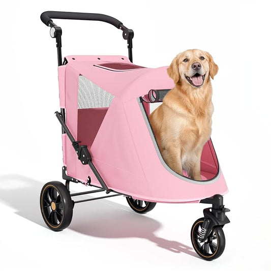 Magshion 3-Wheel Foldable Dog Jogger with Adjustable Handle, Pink | Pet Stroller for Medium Larges, All-Terrain Wheels, Dual Entry, Rear Storage, Breathable Mesh, Up to 55 lbs